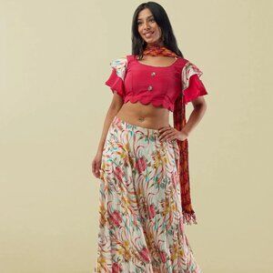 White Printed Lehenga with Pink Crop Top | Muvvas Boutique